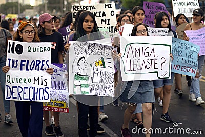 Group of Peruvian girls protesting for the campaign â€˜girls not mothersâ€™ at march for woman`s day Editorial Stock Photo